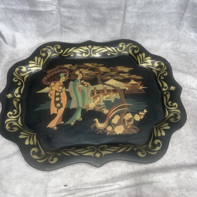 Vtg Mid Century Paint By Number Tole Tray Geishas Japan Scene 15” X 19” Black