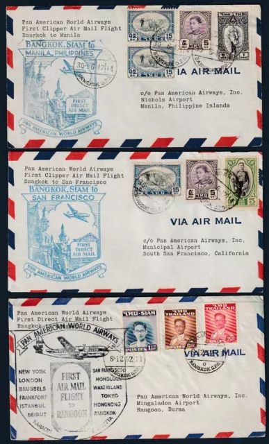 Thailand Siam 1947 to Manila, San Francisco and Rangoon 3 First Direct Air Mail