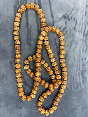 46 Inches WOW Tibetan Natural Old Hand Carved *Lotus* 108 Prayer Beads Necklace