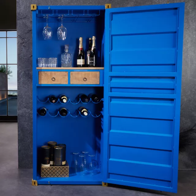 Design Barschrank Container GLOBETROTTER 180cm blau Weinregal Upcycling Schrank