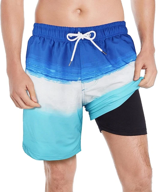 MEN SWIM TRUNKS 7" Swim Shorts Bathing Suit with Compression Liner No