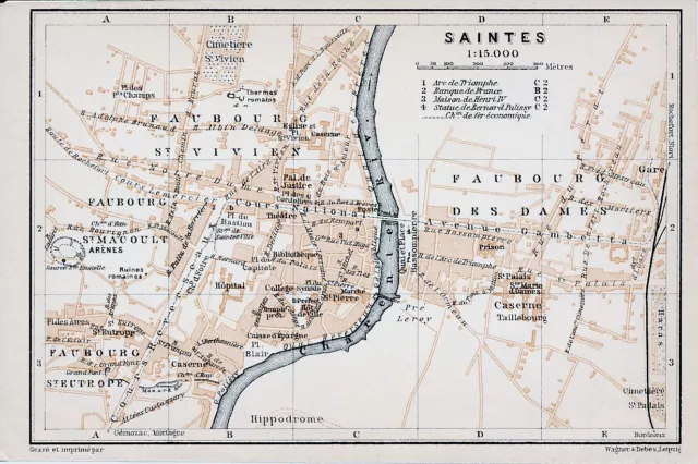 17 Saintes 1906 plan ville orig. + guide (4 p.) St-Vivien St-Eutrope - des Dames