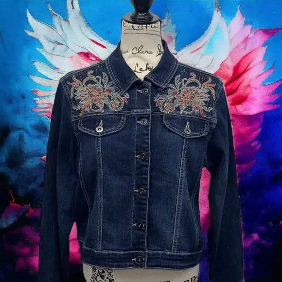 Reba/Dillards Denim Blue Jean Jacket Embroidered Beaded Western Spirit Medium