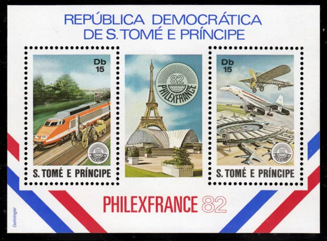 Sao Tome+Principe Bl. 90 A **, PHILEXFRANCE 1982, Eisenbahn, Flugzeuge, Concorde