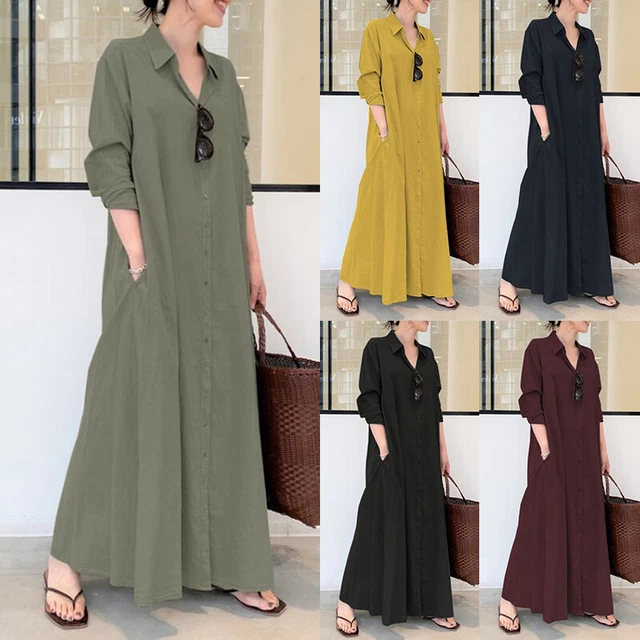 Femme Col Manches Longues Solide Ample Décontracté Caftan Robe Chemise Grande  *