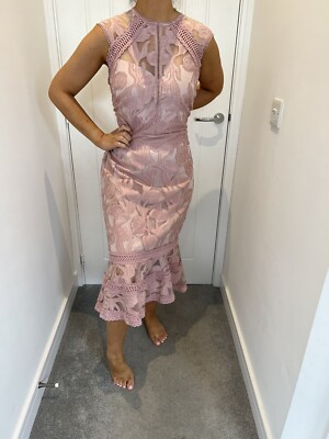 Bnwt Lipsy Vip Premium Dusky Pink Flippy Hem Bodycon Embroidered Dress Size 14