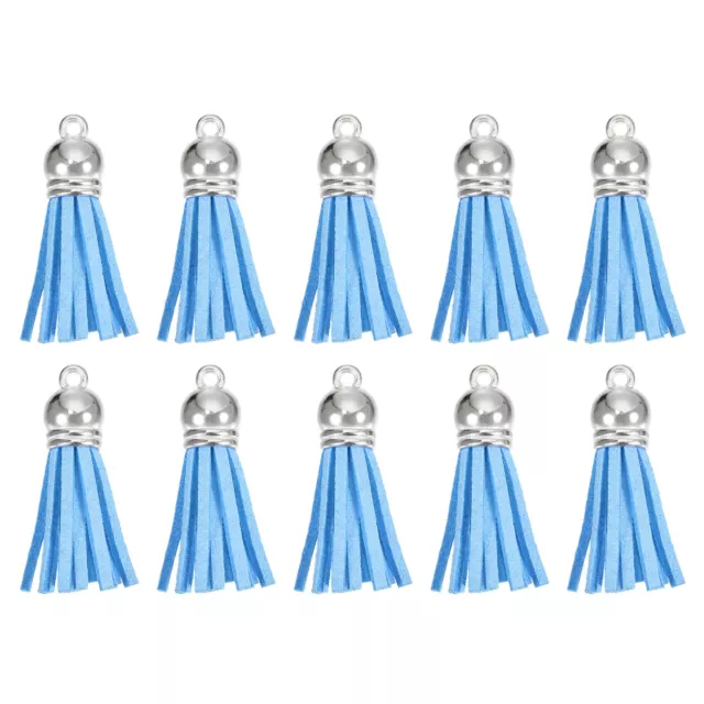 20Pcs 1.5" Leather Tassels Keychain Charm with Silver Cap for DIY, Sky Blue