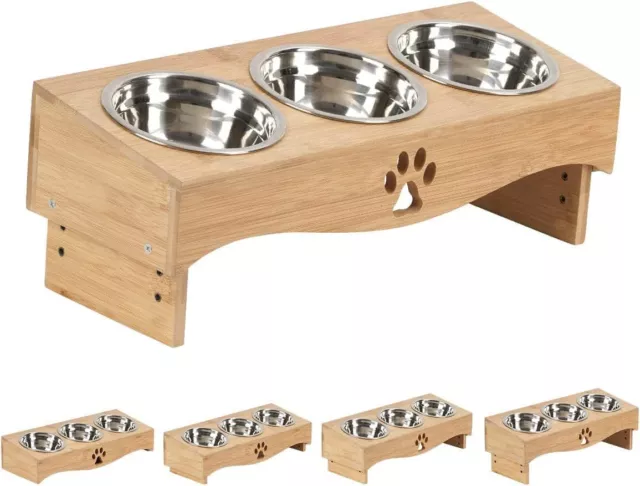 Elevated Cat Food Bowls, 3 Stainless Pet Dishes Bowls with Wooden Stand, Raised