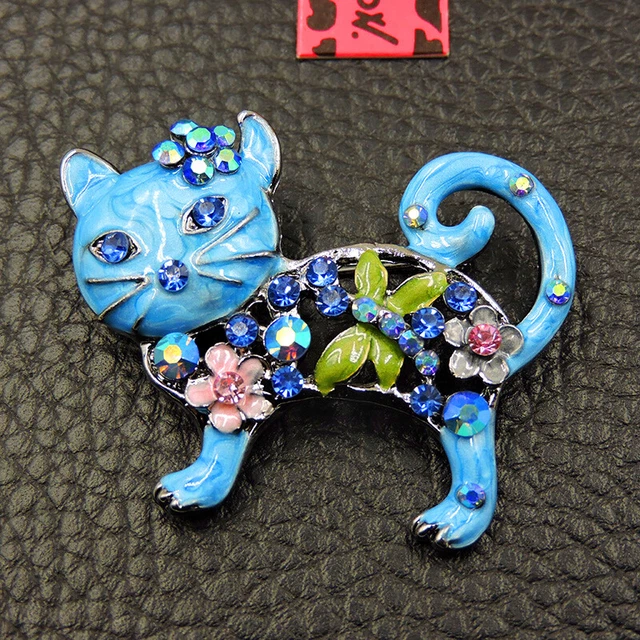 Hot Blue Bling Rhinestone Cute Cat Crystal Betsey Johnson Charm Brooch Pin Gift