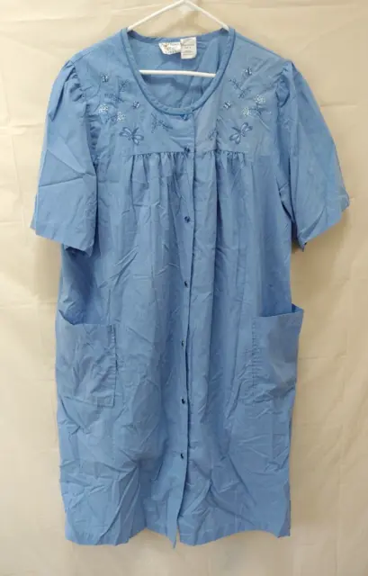 Vtg Coffee Time House Dress 1X Blue Snap Front Short Sleeve Pockets Night Gown