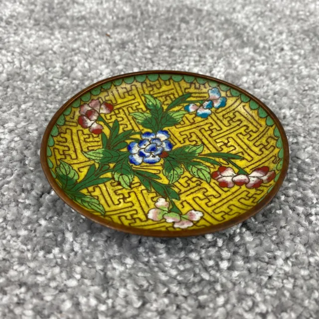 Antique Ashtray Chinese Cloisonne Yellow Blue Red Brown Trinket Dish