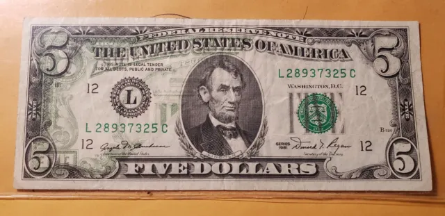 Error Ink Transferable $5 1981 Federal Reserve Note