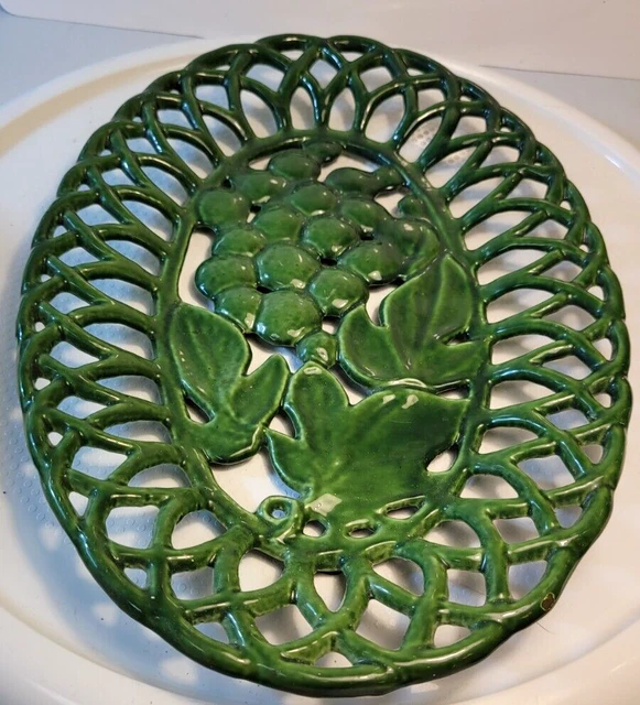 Vintage French Cast Iron Green Enamel Grape Pattern Fruit Platter 11 x 8''