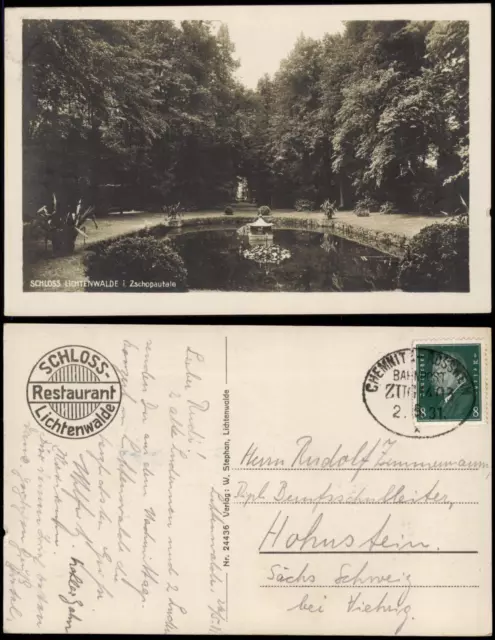 Lichtenwalde Niederwiesa Schloßpark 1931  gel Bahnpoststempel Chemnitz Rosswein