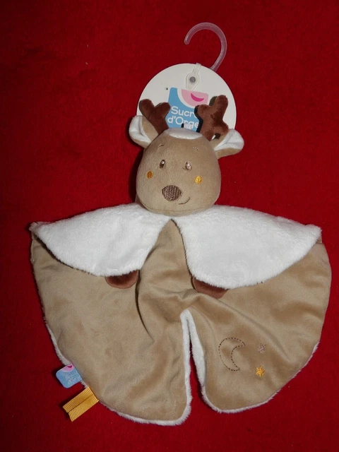 Doudou Plat SUCRE d'ORGE CERF RENNE  BLANC BEIGE MARRON NEUF