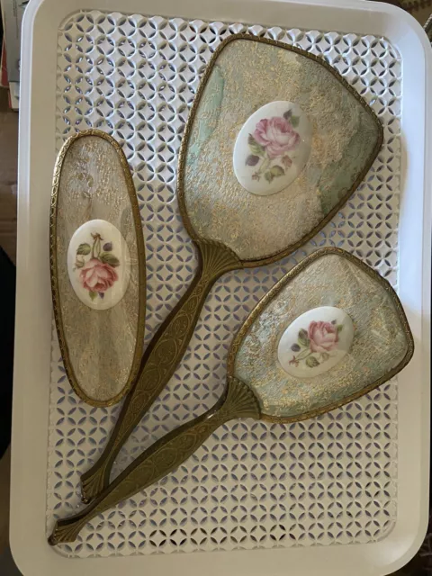 Vintage  Vanity Hand Mirror Hair Brush & valets brush set of 3