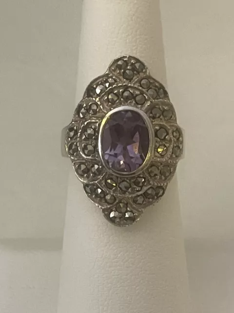 VTG Sterling Silver - ART DECO Amethyst & Marcasite Cocktail Ring Size 6 - 7g