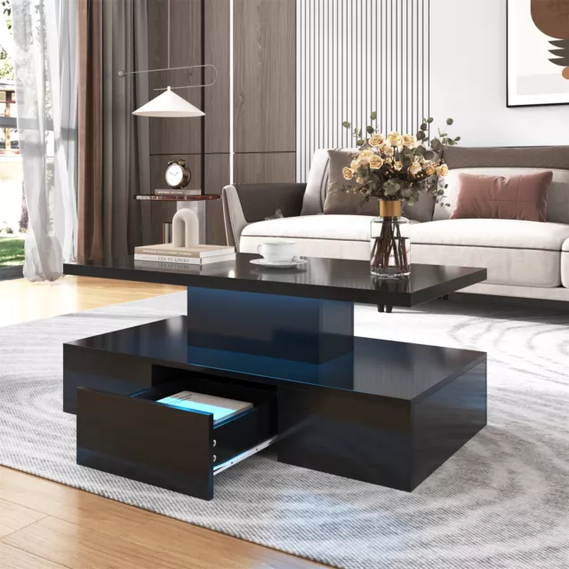 LED Coffee Table With Storage Drawer High Gloss Modern Living Room Furniture QH