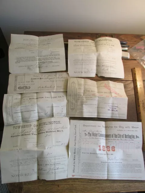 Antique Ephemera Lot 1800s Burlington NJ Tax & Utility Documents Receipts