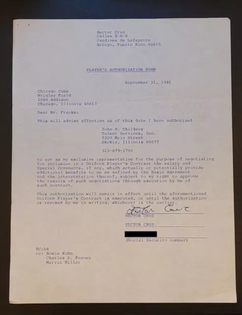 Chicago Cubs Hector Cruz Player Authorization Form 1981 Puerto Rico Awesome