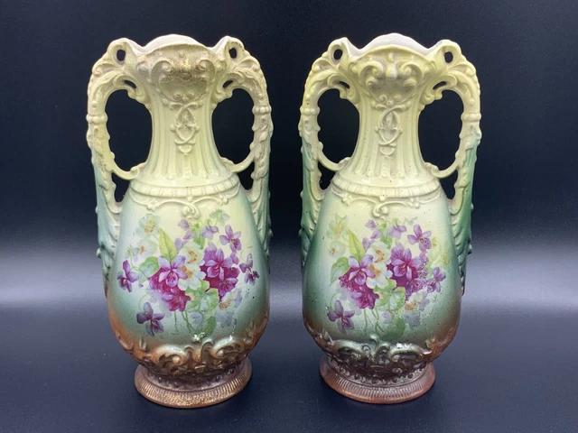Antique PAIR Hand Painted Floral Ceramic Vase Handled Urn Jug Marked HBL & Crown