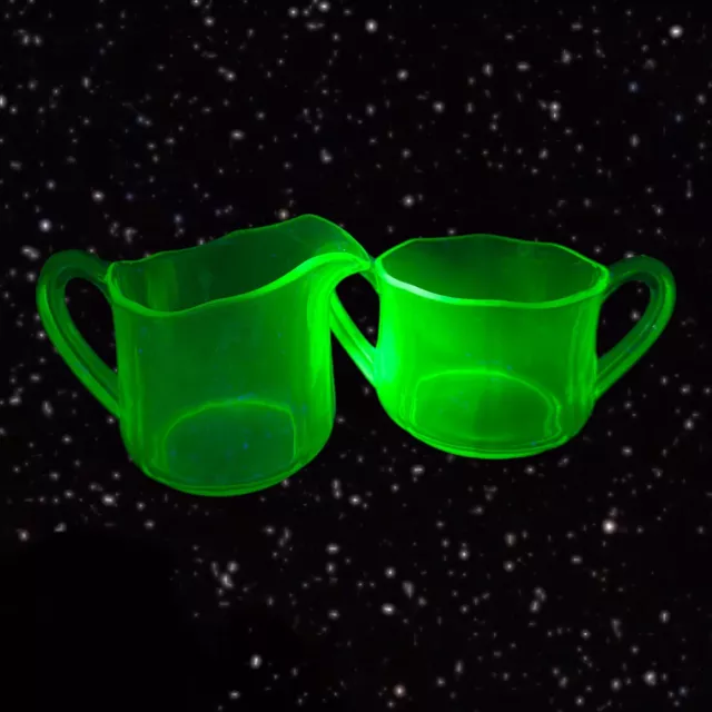 Vintage Green Depression Uranium Glass Cream and Open Sugar Set UV GLOWS Vtg