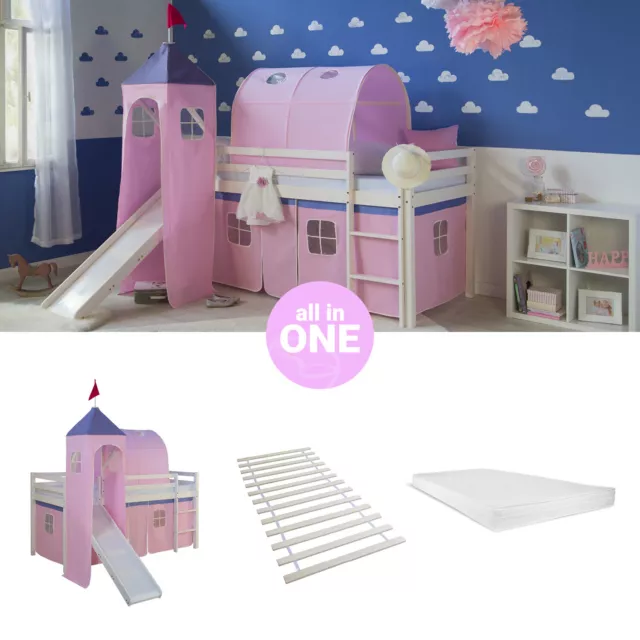 Lit superposé 90x200 Matelas Cadre de Lit d'enfant Tunnel Tour Rose Homestyle4u