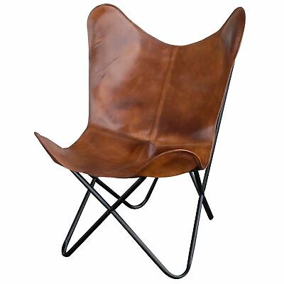 Handmade Vintage Brown Buffalo Leather Butterfly Relax Arm Chair Bkf With Stand