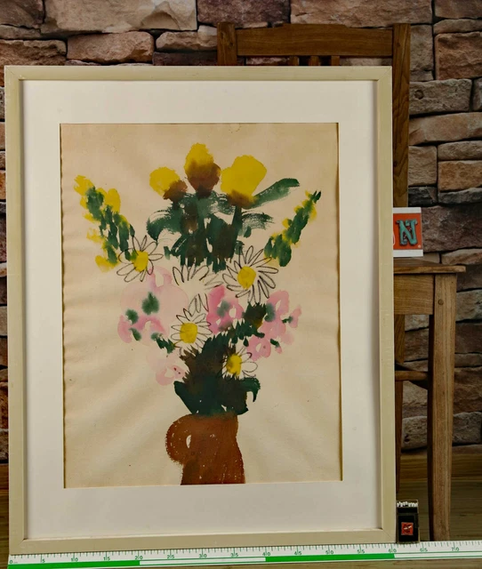Antiguo Acuarela Flor Ramo de Flores Marrón Florero con Marco 75x61cm