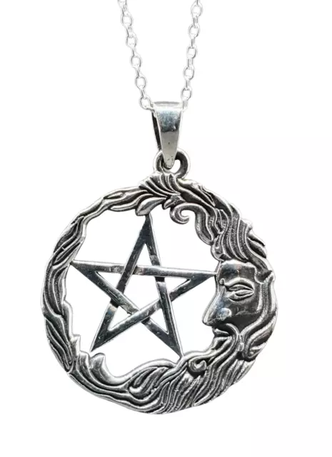 Pentacle Wise Man Moon Pendant Necklace 18" Chain 925 Sterling Silver & Boxed