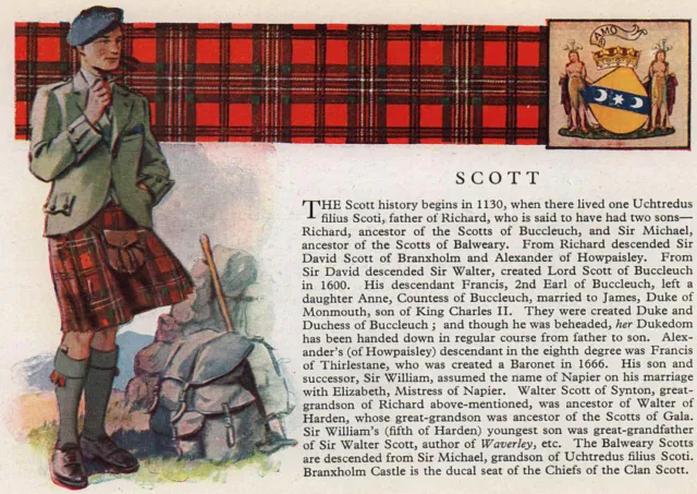 Scott. Scotland Scottish clans tartans arms 1957 old vintage print picture