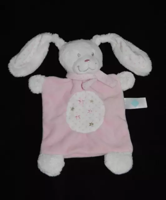 Doudou plat lapin rose blanc TEX Carrefour étoiles écharpe pois  TTBE