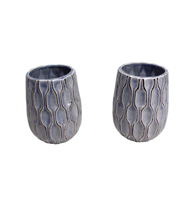 2 x Jeff Banks Ports of Call 5" Blue Chevron Pattern Vases Pots Duo Set