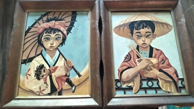 Vtg MCM Boy Girl Japanese paint by number Chopsticks kimono Japan Retro 60s ?