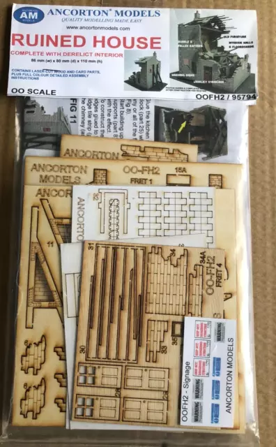 Oo Scale Laser Cut Wood-Card Building Kit Ruined House With Derelict Interior