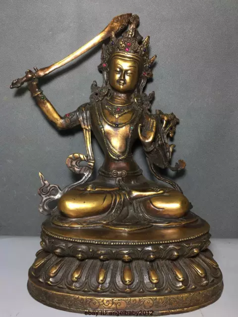 12" Chinese old Antique bronze Tibetan Buddhism Bodhisattva Manjusri statue