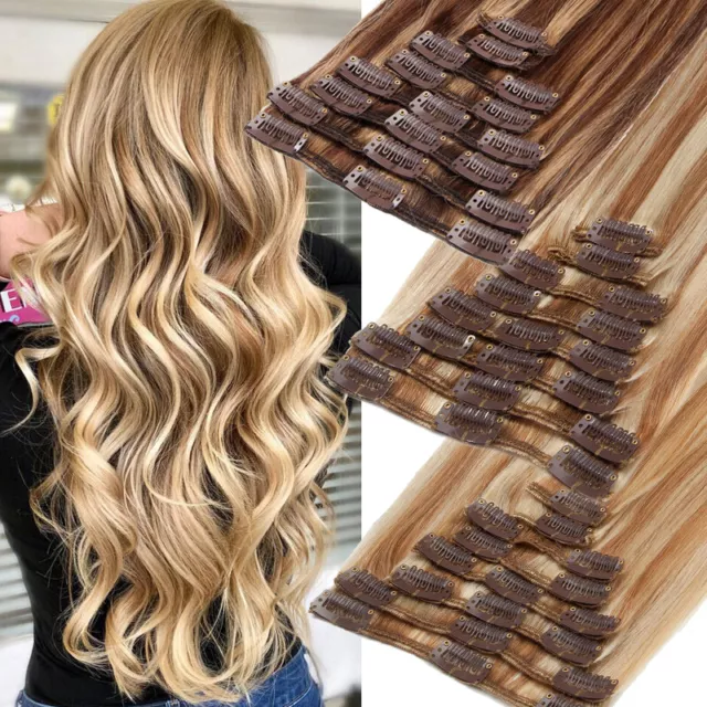 CLEARANCE 100% Real Clip in Remy Human Hair Extensions Full Head Thick 8 Pieces