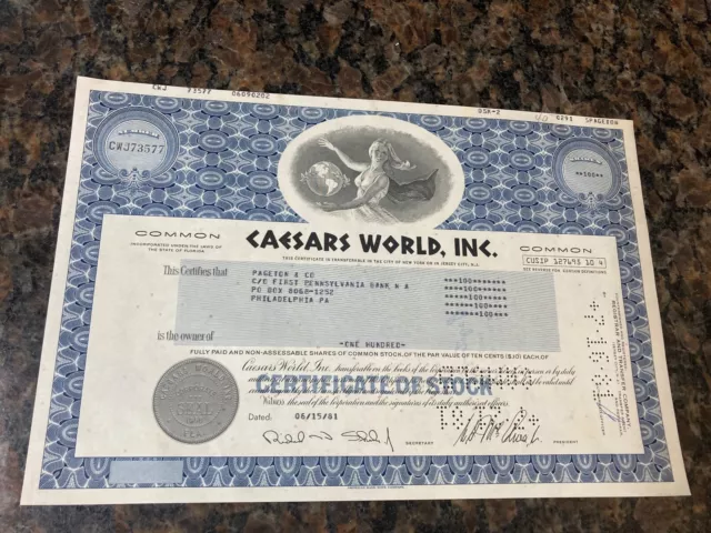 Caesars World Casino Las Vegas Common Stock Certificate