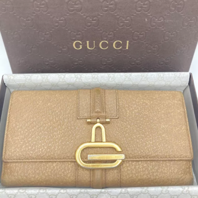 Auth used GUCCI purse Leather long wallet Italy Brown Beige 471 Sherry