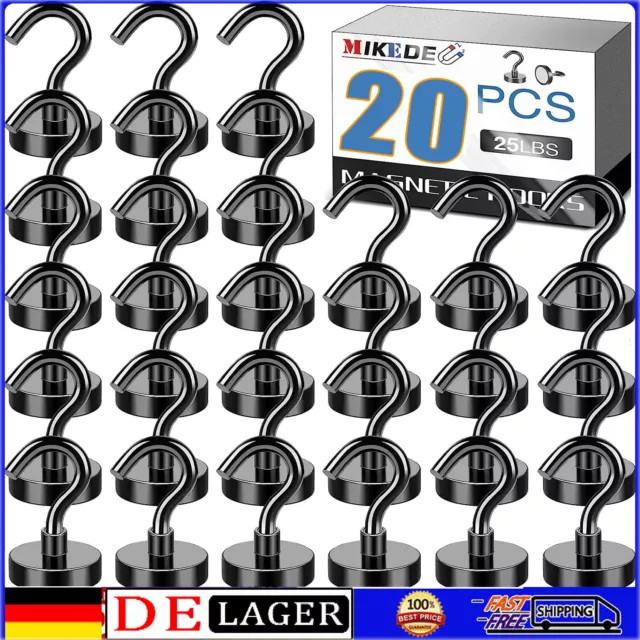 20 Stück Neodym Magnet mit Haken 12KG Stark Magnethaken Topfmagnet Schwarz NEU