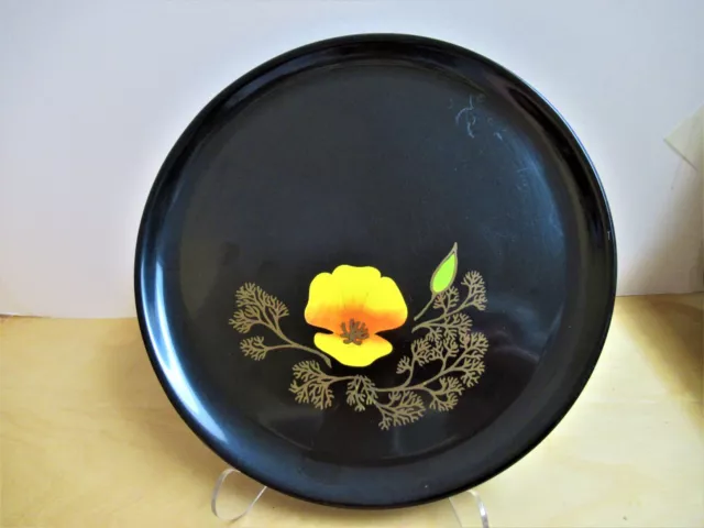 Vintage Couroc Poppy Flower Round Tray Black Plastic Inlay Monterey, CA 10 1/2"