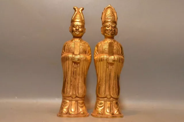 10.6" China Old Antique dynasty bronze 24k gilt A pair Exquisite people Statue