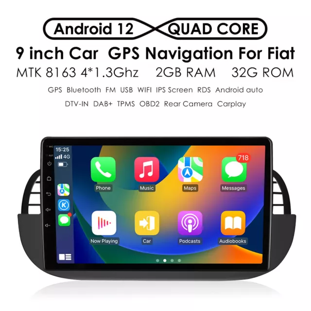 Für Fiat 500 2007-2015 9" DAB+ Carplay Autoradio Android 12 GPS Navi WiFi 2+32GB