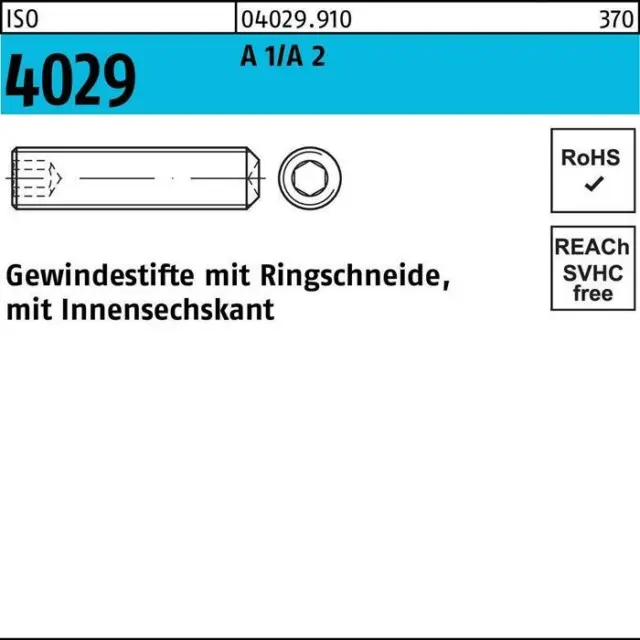 Gewindestift ISO 4029 Ringschneide/Innen-6-kant M 10 x 35 A 2