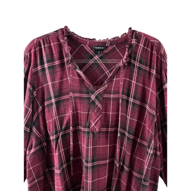 Torrid Twill Plaid Peasant Ruffle 3/4 Sleeve Blouse Size 4X Maroon Rayon Fall 2