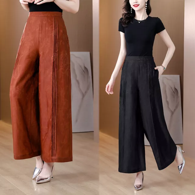 Women's Fashion Elegant Casual Silk Straight Leg High Waist Loose Long Pants