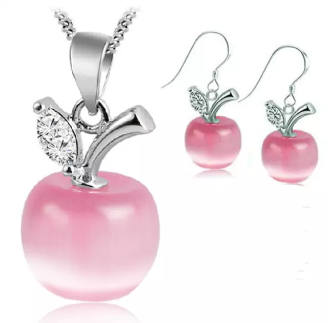 925 sterling silver pink opal apple pendant necklace earrings women jewelry set