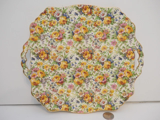 Royal Winton Bedale Grimwades England Handled Cake Plate Chinz Gold Trim