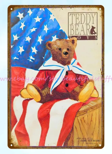 Teddy Bear Toys American flag metal tin sign plaque nostalgic rustic wall art