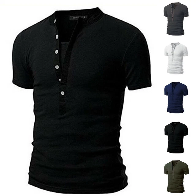 Uomo Bottoni Manica Corta T-Shirt Casual Scollo A V Solid Top Slim Fit Muscolo
